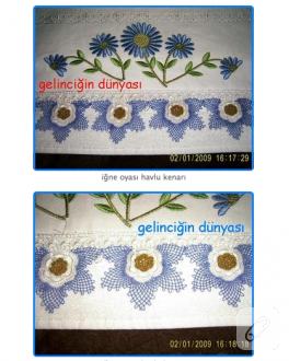 İğne oyası ile mavi çiçekli havlu kenarı