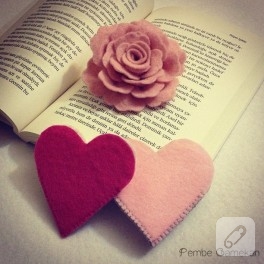 Romantik gül broş ve kalp kitap ayraçları (keçe)