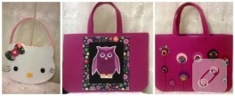 Hello Kitty, baykuş ve çiçek süslemeli keçe çantalar