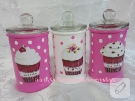 Cupcake dekupajlı cam kavanozlar
